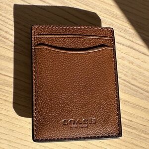 NWT Coach Leather Card Holder with Clip - Dark Saddle